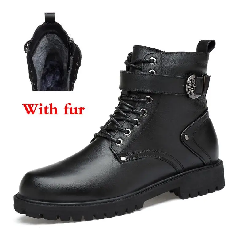 Высококачественная зимняя обувь больших размеров теплые кожаные мужские ботинки на шнуровке Модные мужские осенние ботинки в двух стилях и зимние ботинки - Цвет: black fur