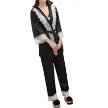 Женская сексуальная пижама, женская рубашка, пижама с длинным рукавом, шелковая майка, домашняя одежда, комплекты из 3 предметов