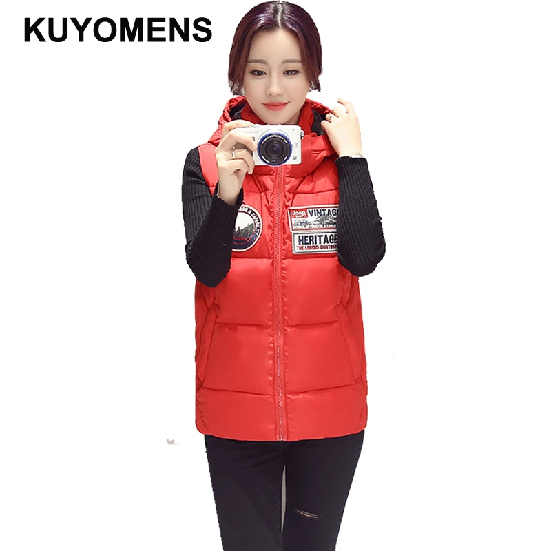 Kuyomens осень-зима женщин жилет съемный капюшон хлопковый Femme куртка без рукавов