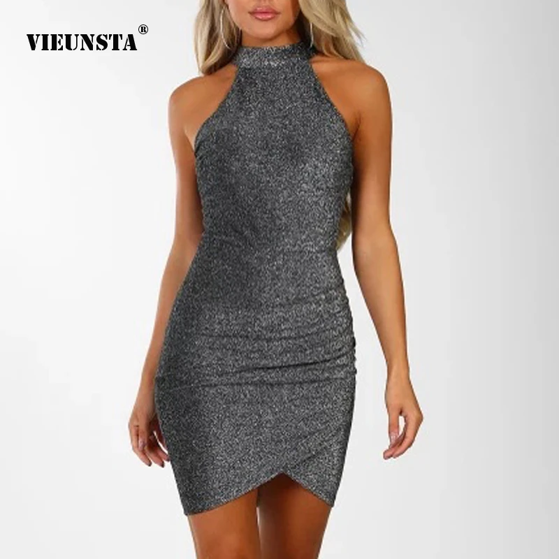 

VIEUNSTA Women Sexy Sleeveless Halter Slim Mini Dress Spring Summer Off Shoulder Shiny Dress Elegant Irregular Dresses Vestido