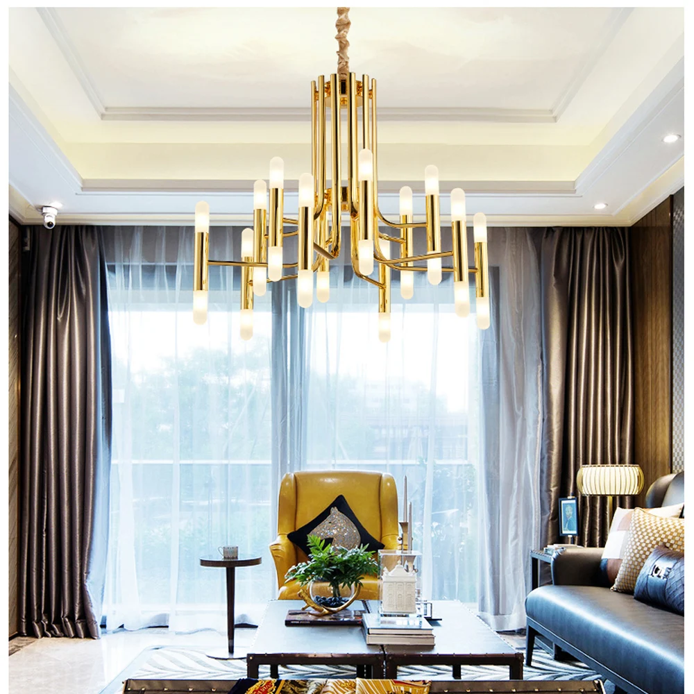

Postmodern LED art chandelier living room restaurant gold-plated stainless steel hanging lights creative personality tube lights