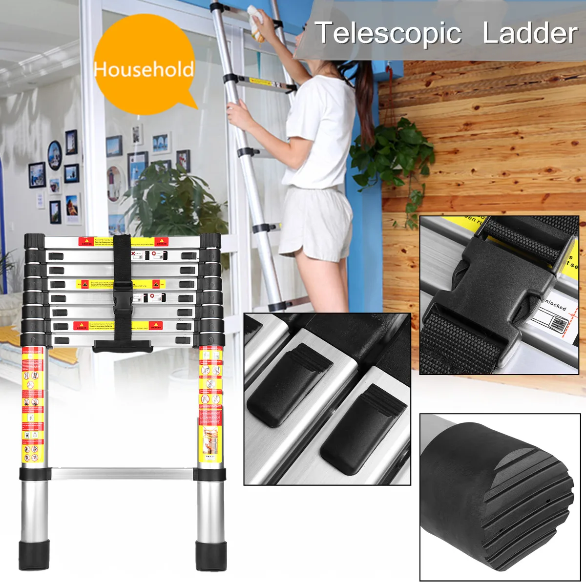 

2.6m Foldable Aluminium Alloy Ladder Telescopic Extension Extendable 9 Steps Silver 150kg Lightweight locking Mechanisms Safety
