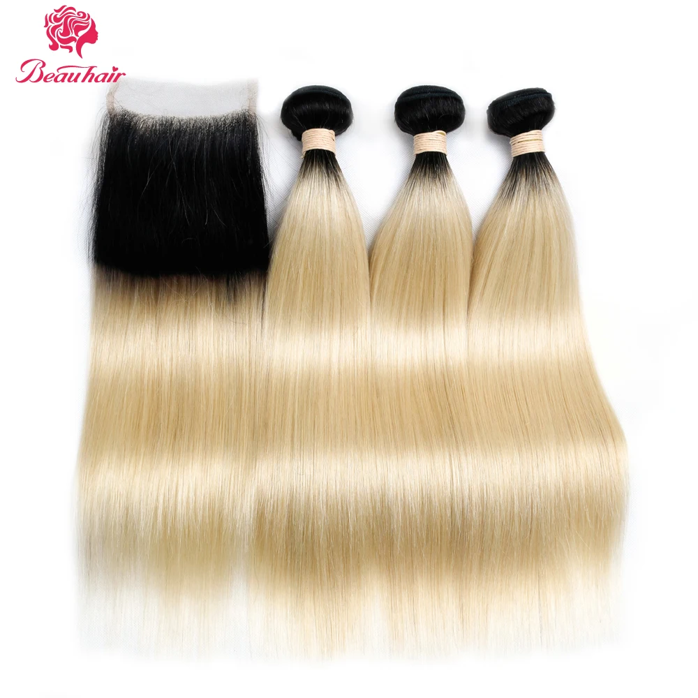 

Beau Hair Non Remy Hair Ombre Color 1B/613 Hair Wefts 3 Bundles with 4x4 LaceClosure Malaysian Straight Human Hair Free Shipping