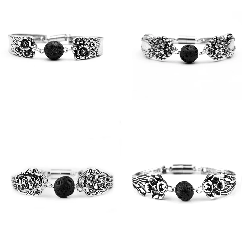 

10pcs Natural Lava Stone Aroma Essential Oil Diffuser Bracelet Bangle Lily Flower Bracelet Spoon Bracelet Jewelry