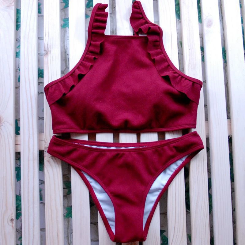 Women Crop Top Biquinis New Ribbed Swimsuit High Neck Beachwear Solid