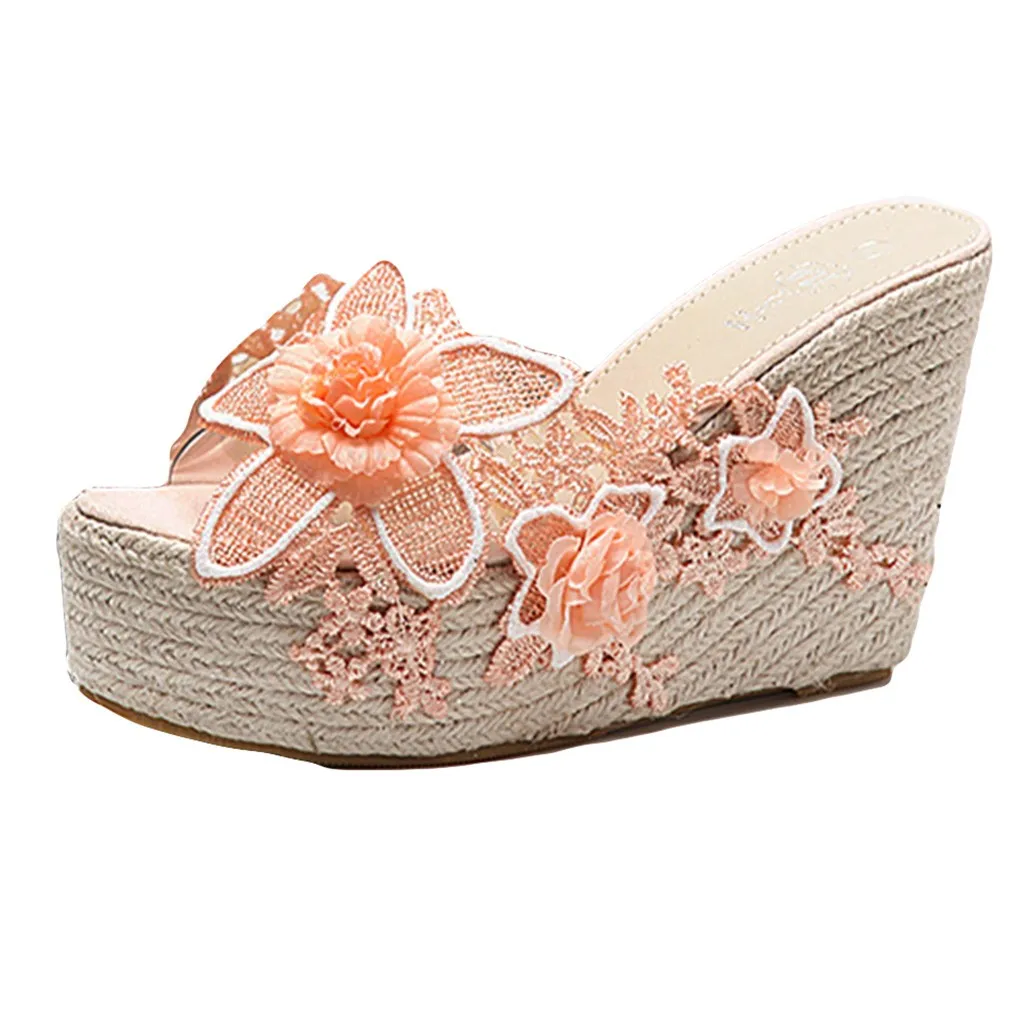 

SAGACE Sandals Woman Flower Gauze Princess High Heel PVC Yellow Wedding Wedges Hemp Popular Vogue Sandals Women Summer Shoes
