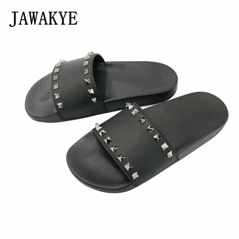 

JAWAKYE Rivets Studded Flat Beach Slippers Women Sandals Summer Cool Peep Toe Crossover Cozy slip on Slides Women Slippers