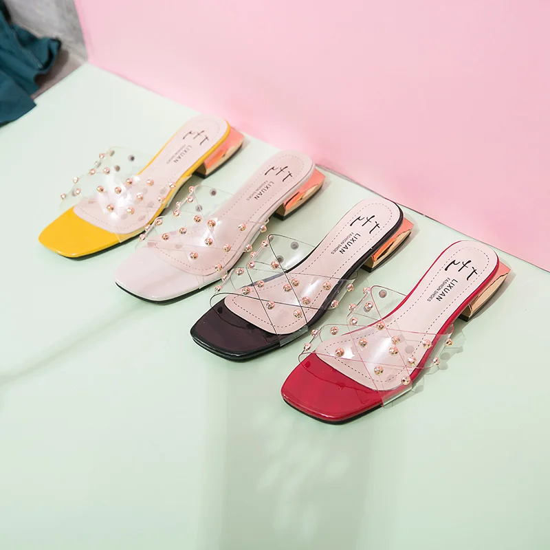 

Women's Transparent Sandals Square Head Low Heel Rivets Fashion Summer Yellow Red Transparent Shoes Lady