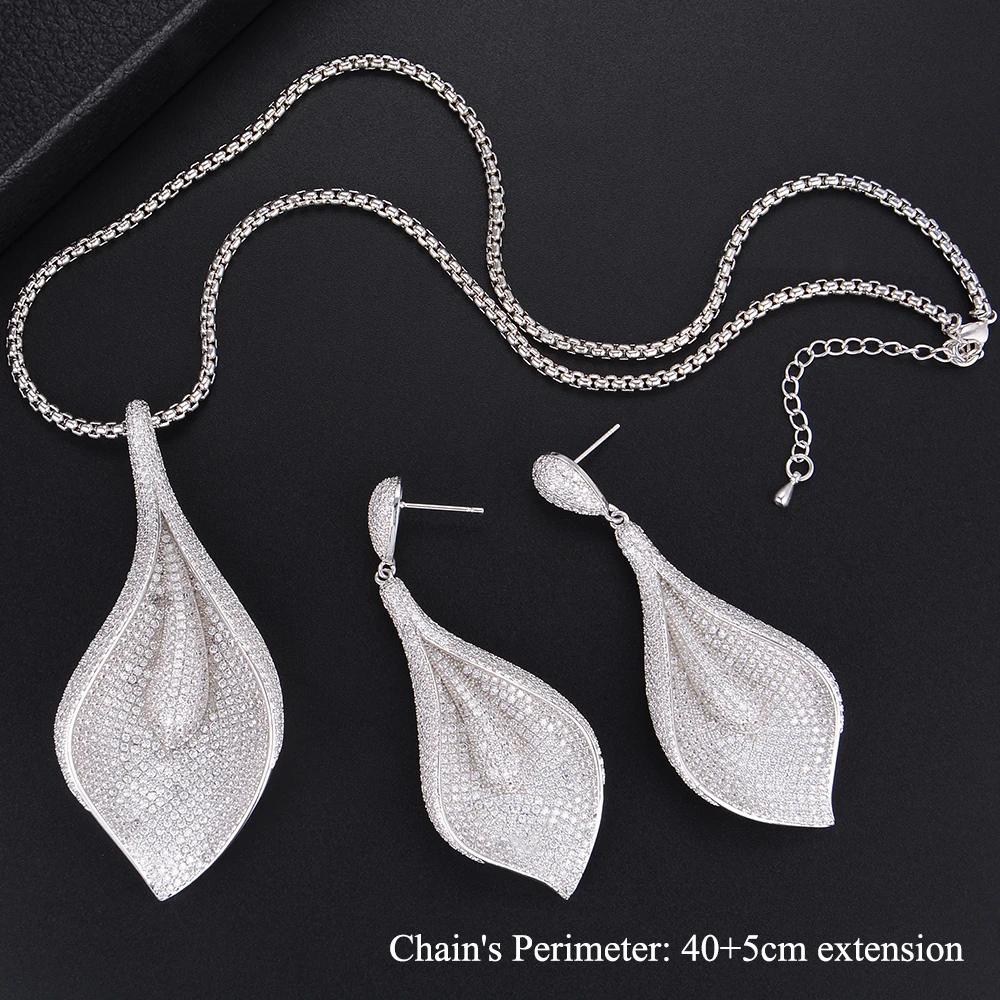 

66mm Three Tones Boom Flower Shape AAA Cubic Zirconia Dangle Earrings Necklace Sets For Women Wedding Engagement Jewlery