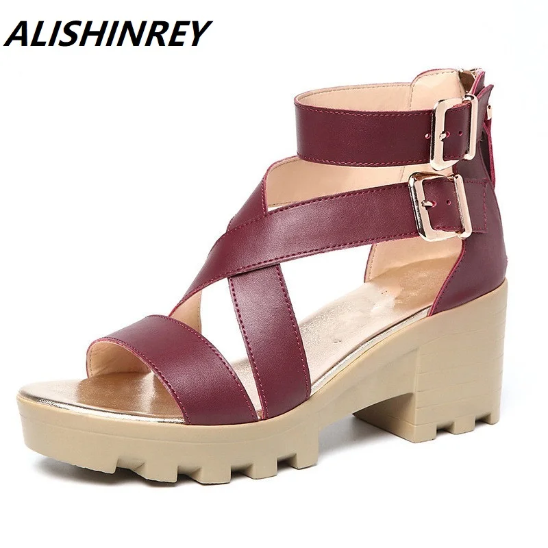 

ALISHINREY 2018 Women Gladiator Heels Platform sandals Roman style black Genuine leather wedges open toe Women Sandals