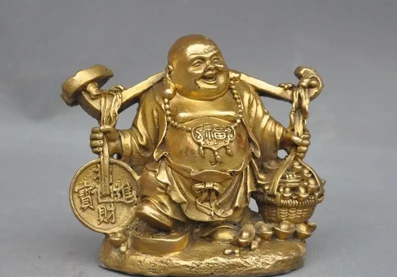 

wang671115797*++Lucky China Brass Wealth Yuanbao Money Ruyi happy Laugh Maitreya Buddha Statue