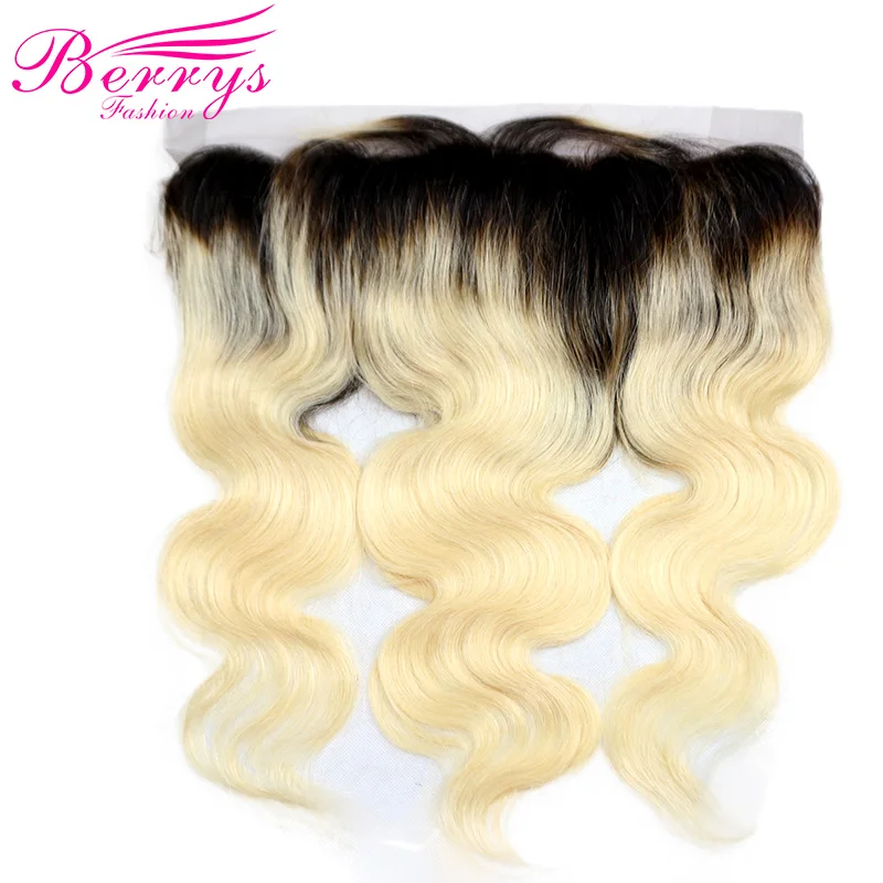 [Berrys Fashion] Lace Frontal Body Wave Ombre Color 1b/613 100% Human Hair Dark Roots Bleached Knots Baby Hair Remy Hair Closure brazilian-body-wave-frontal