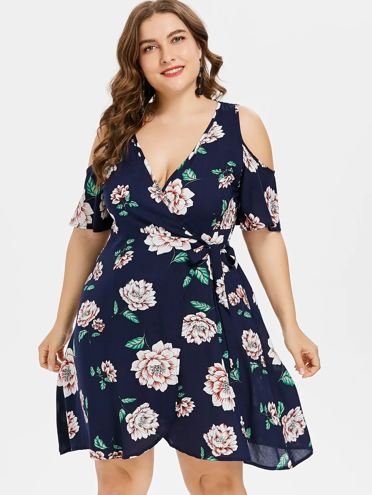 ZAFUL Floral Print Plus Size Cold Shoulder Wrap Dress Half Sleeves High