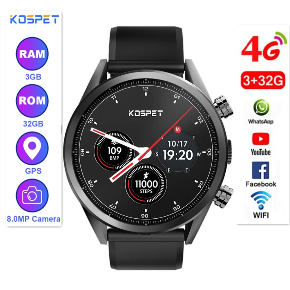 

KOSPET Hope 4G Bluetooth Android 7.1.1 1.39" Touch Screen 3GB+32GB IP67 Waterproof MTK6739 Camera GPS Business Smart Watch Phone