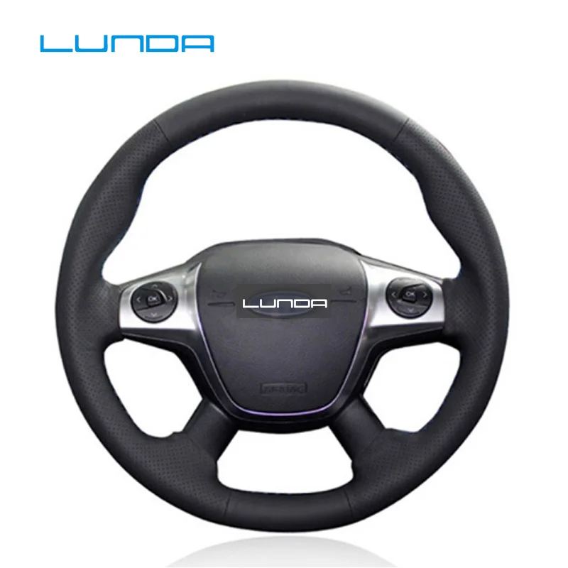 

LUNDA Black Leather Car Steering Wheel Cover for Ford Focus 3 2012-2014 KUGA Escape 2013-2016 C-MAX 2011-2014