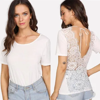 

New Women Summer Lace Stitching T-shirt Solid White Loose Tops Short Sleeve Casual Basic Tee Shirt Tops Fashion T-shirts
