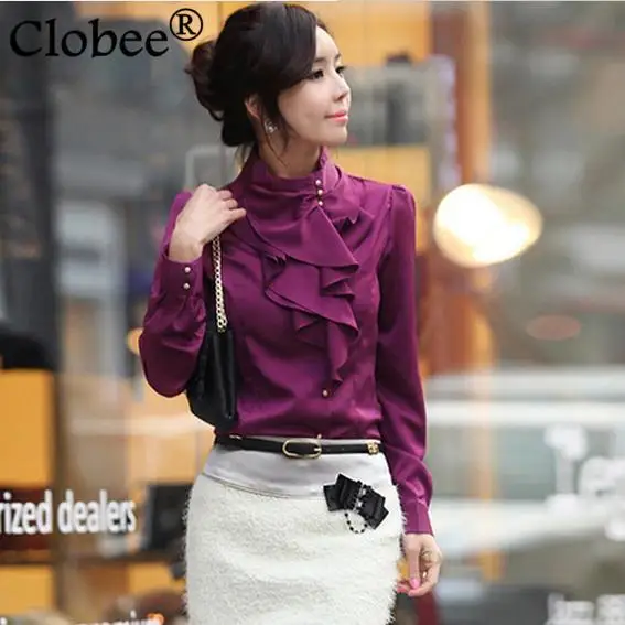 

Hot 2018 Korea Style Vintage Chiffon Women Body Blouse Tops Shirt Stand Collar Ruffles roupas femenina Elegant Office Wear Y733