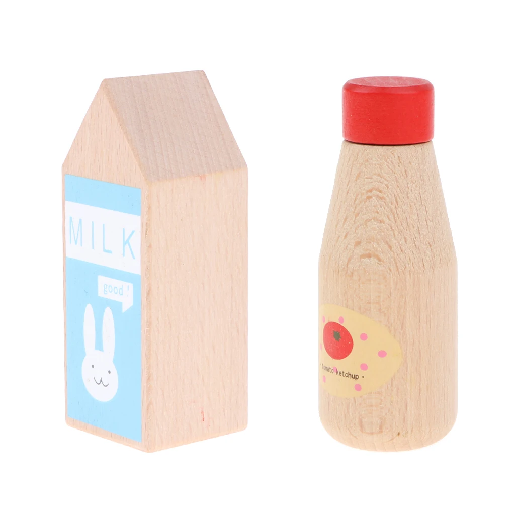 Pack of 2 Wooden Condiment Bottle Chef Role Play Tableware Toy for Kids - Ketchup Bottle & Milk Bottle