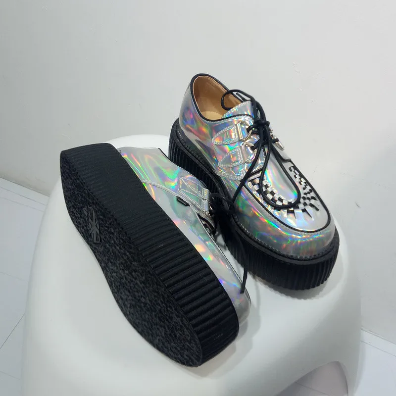 Spring Autumn 2018 Fashion Silver Laser Hologram Women Goth Punk High Platform Flat Creepers Shoes HARAJUKU Creeper Woman Girls  (6)