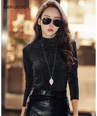 

Cakucool Basic Shirt Top Women Shiny Lurex Long Sleeve Stand Collar Mesh Blouse Slim Korean Lace Chic Women Clothing Plus 3XL