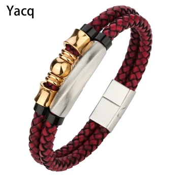 

Mens leather Stainless Steel Bracelet Gold Silver Color Jewelry Fathers Day Gifts for Dad Boyfriend Him dropshipping 8.5" D114