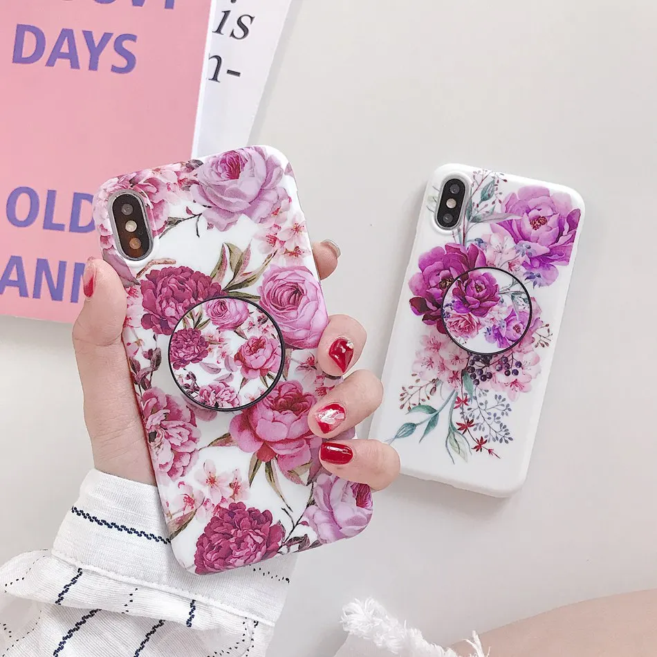 

For iPhone XR X XS Max Case Luxury Flower Floral Rose Foldable Kickstand Holder Cover For iPhone 8 7 6s Plus Soft TPU Coque