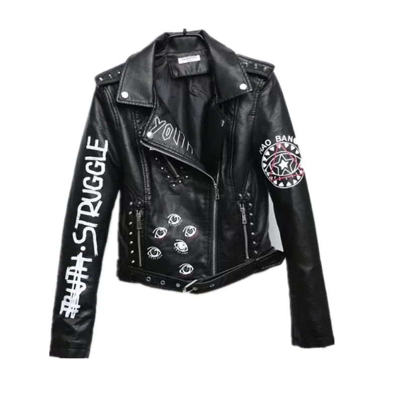 Новая Осенняя куртка с надписями в стиле панк, черная искусственная кожа, шикарное пальто, Chaqueta Cuero Mujer, мотоциклетное пальто в стиле рок