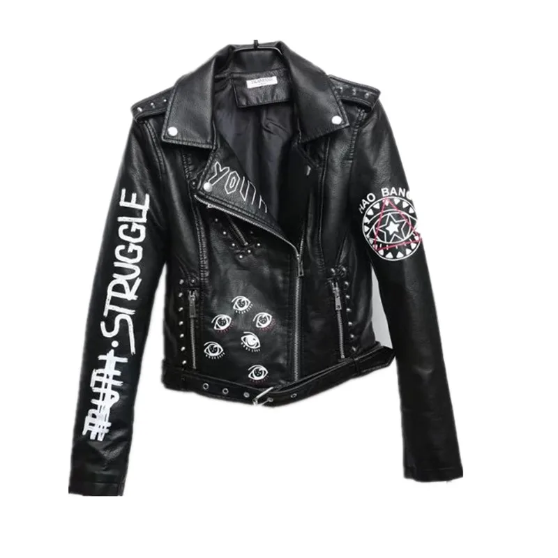 

2019 Fall New Punk Letter Graphic Jacket Black Faux Leather Chic Coat Chaqueta Cuero Mujer Motorcycle letter Rock Coat