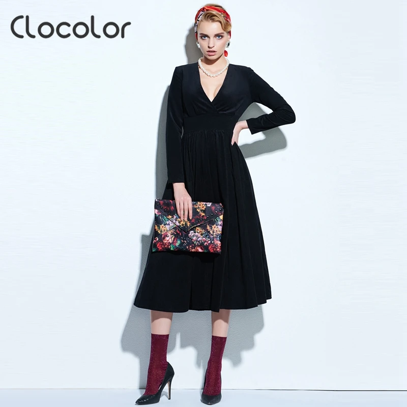 Clocolor Vintage font b dress b font autumn font b Dress b font A line V