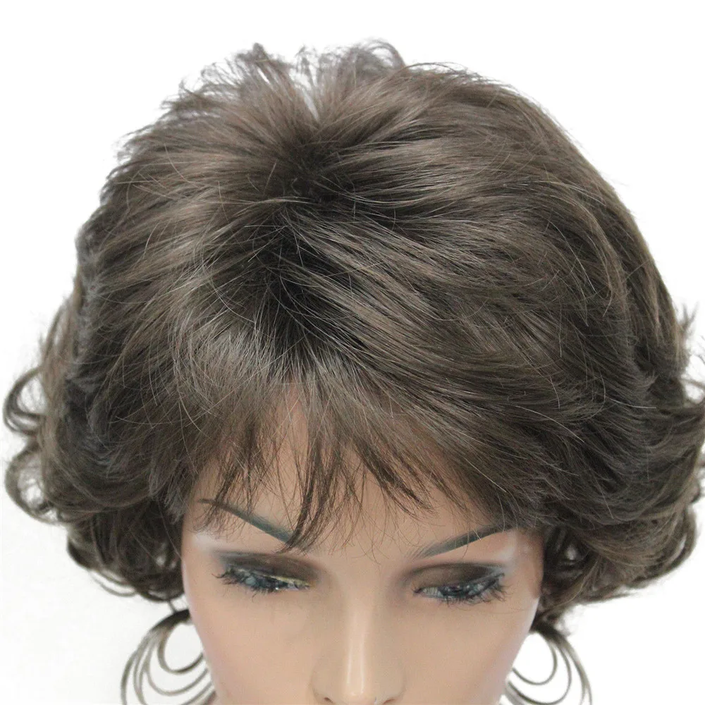 E-7125 #8 New Wavy Curly wig Medium Brown cloor 8# Short Synthetic Hair Full Women's wigs (5)