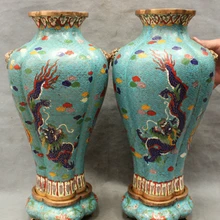 USPS в США S1755 1" Китайский Перегородчатой Династии Бронзовый Феникс Дракона Статуя Льва Горшок Ваза Пара