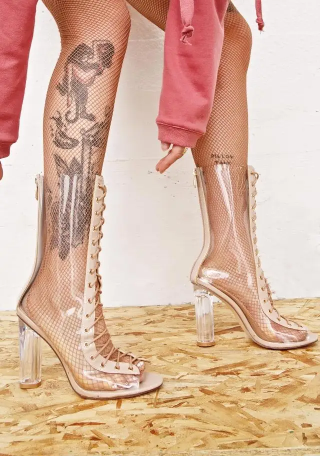 

2017 Transparent Lace Up Ankle Boots For Women Summer Shoes Peep Toe Botines Mujer High Heel Bota Feminina Cut Outs Botas Mujer