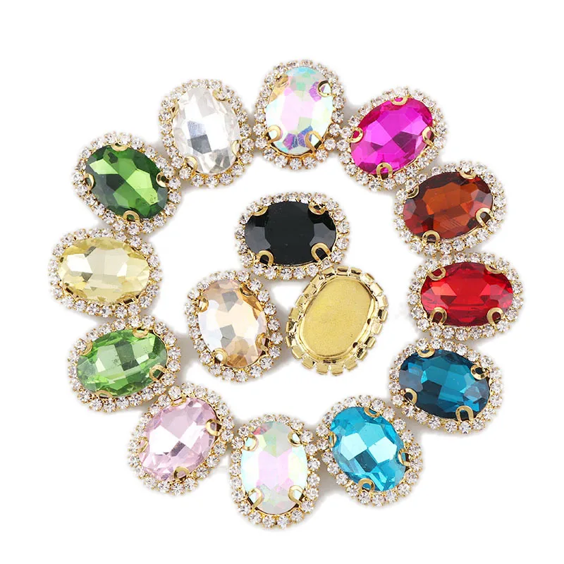 

Oval Gold Sew On With Colorful Glass Stone Claw Crystal Buckle Cabochon Base Cameo Setting DIY Jewelry Clothes Charm