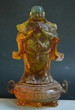

Old China Buddhism Amber Carved Happy Laugh Maitreya Buddha Treasure Bowl Statue