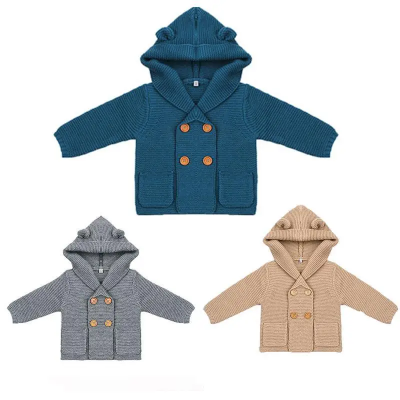 Для маленьких мальчиков Вязание Кардиган зимние однотонные свитера Пальто с капюшоном и длинными рукавами