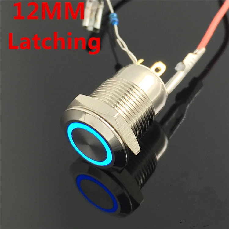 

1pcs 12mm Waterproof Latching Flat Round Stainless Steel Metal Push Button Switch Colorful LED Light Shine Car Horn Auto Locking