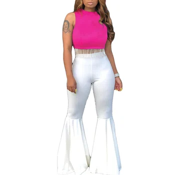 

HONZBORY Women Sexy Two Piece Round Neck Fringed Top Bib Flare Pants Female Casual Clothing 2019