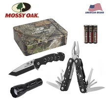 Многофункциональные плоскогубцы Mossy Oak, 3 шт., складной карманный нож, фокусировка, светодиодный фонарик, снаряжение для кемпинга, набор инструментов для улицы, камуфляжная железная подарочная коробка