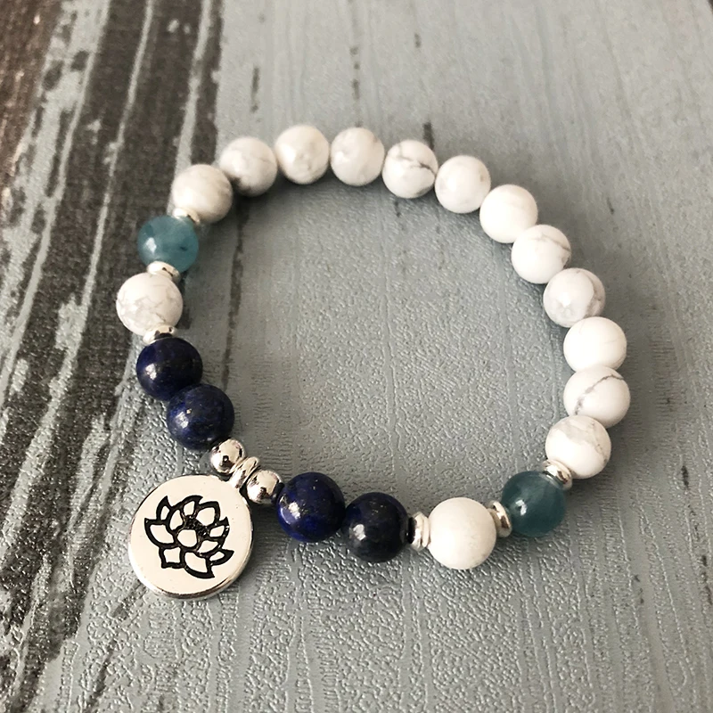 

Howlite & Lapis Lazuli beaded Mala Bracelet Healing Crystals for Creativity Communication Anxiety Stress Relief OM Bracelet