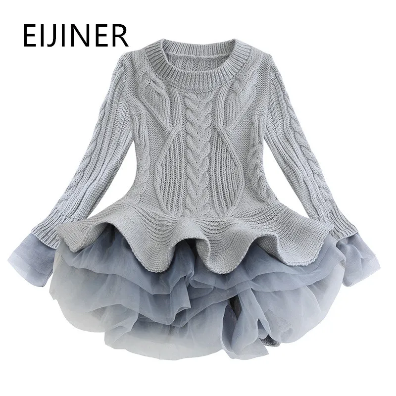 

Girls 2019 Cute knitted Girls Dress Long-sleeve Mesh Design Princess Dress Children Winter Clothing Girl Knee Length Party Dress