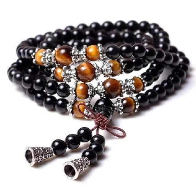 108 Black Agate and Tiger Eye Beads Prayer Bracelet 31/"