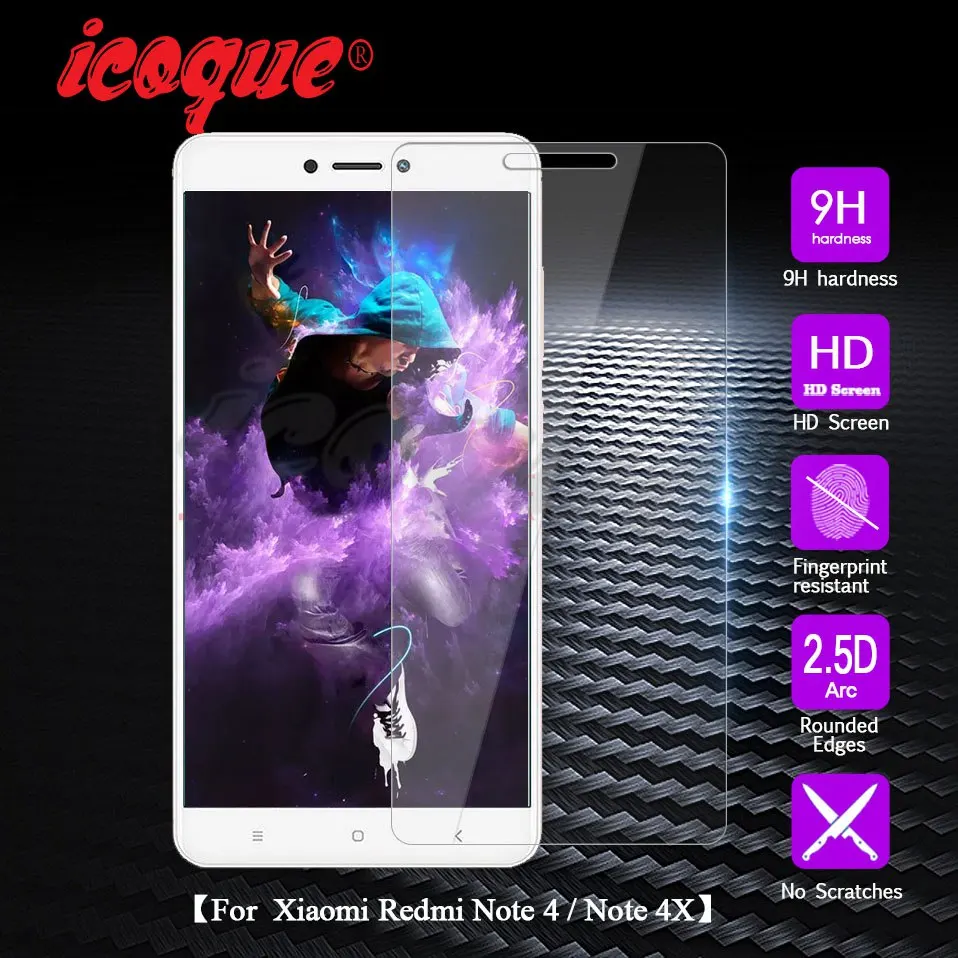 Icoque для защиты экрана Xiaomi Redmi Note 4 закаленное стекло 9H 2.5D Защитная пленка