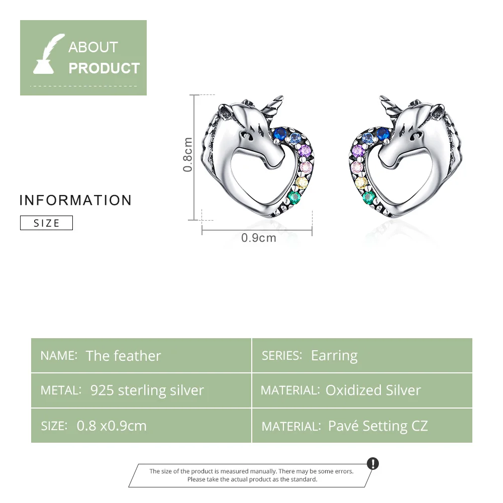 WOSTU, серьги-гвоздики в форме сердца с единорогом, 925 пробы, серебро, много цветов, CZ серьги для женщин, модное серебро 925, ювелирное изделие, подарок FIE611