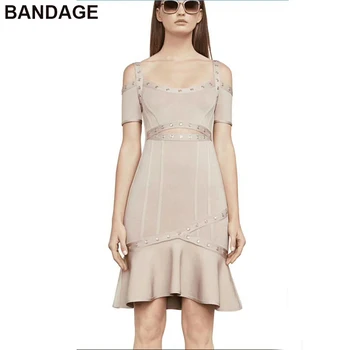 

2018 wholesale fashion design cocktail beading beaded embellishment summer club frill hem cold shoulder party bandage sexy dress
