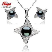 Звезда feige-shaped жемчужные Ювелирные наборы чёрный пресноводный жемчуг кулон ожерелье и серьги наборы стерлингового серебра 925 ювелирные изделия
