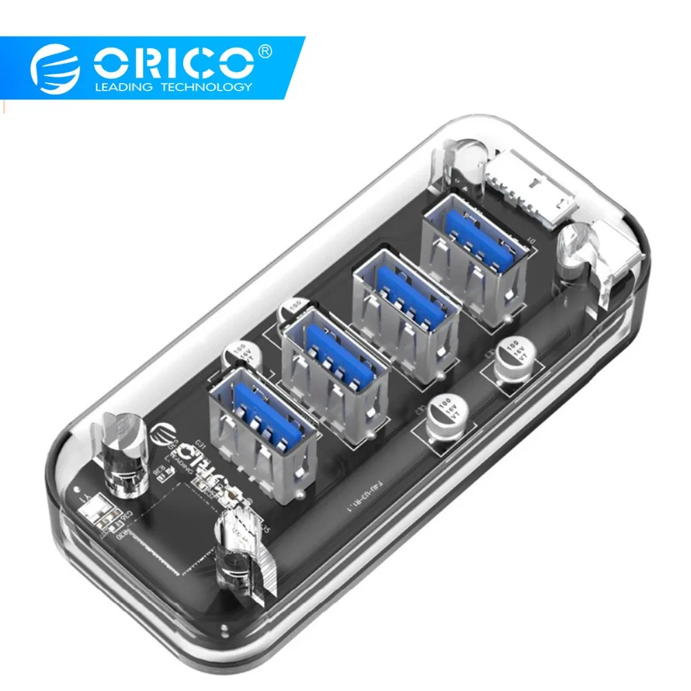 ORICO 4 порта USB3.0 прозрачный концентратор сплиттер с двумя Micro USB порт питания 5 Гбит/с 3,0 usb-хаб Поддержка OTG для Mac/Windows/Linux