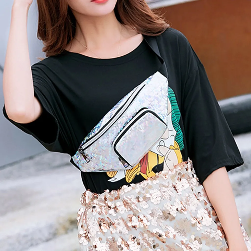 

Fashion Lady Women Waist Bags fanny pack Sequins bling Shoulders Letter money belt Purse Mobile Phone sac banane femme buideltas