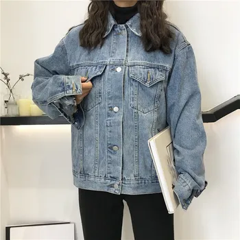 

2019 Autumn Women Causal Streetwear Denim Coat Turn-Down Collar Korean Style Washed Jeans Jackets Loose Outwear