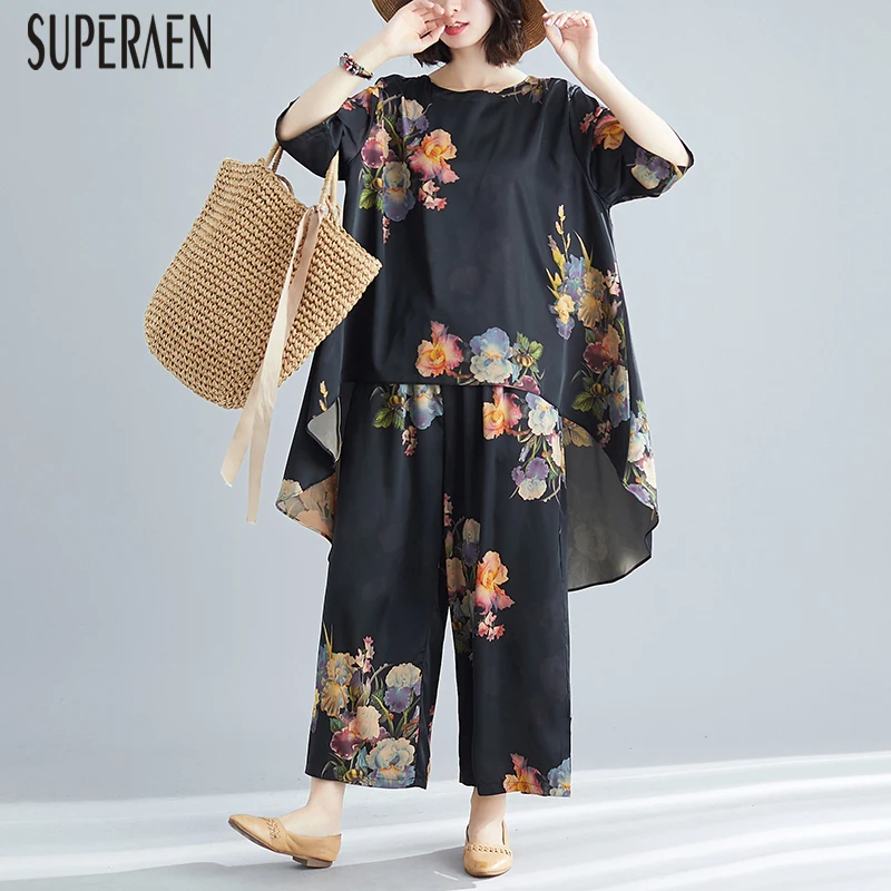 

SuperAen Spring and Summer 2019 New Women Two-piece Loose Pluz Size Casual Women Tops Elastic Waist Print Women's Sets