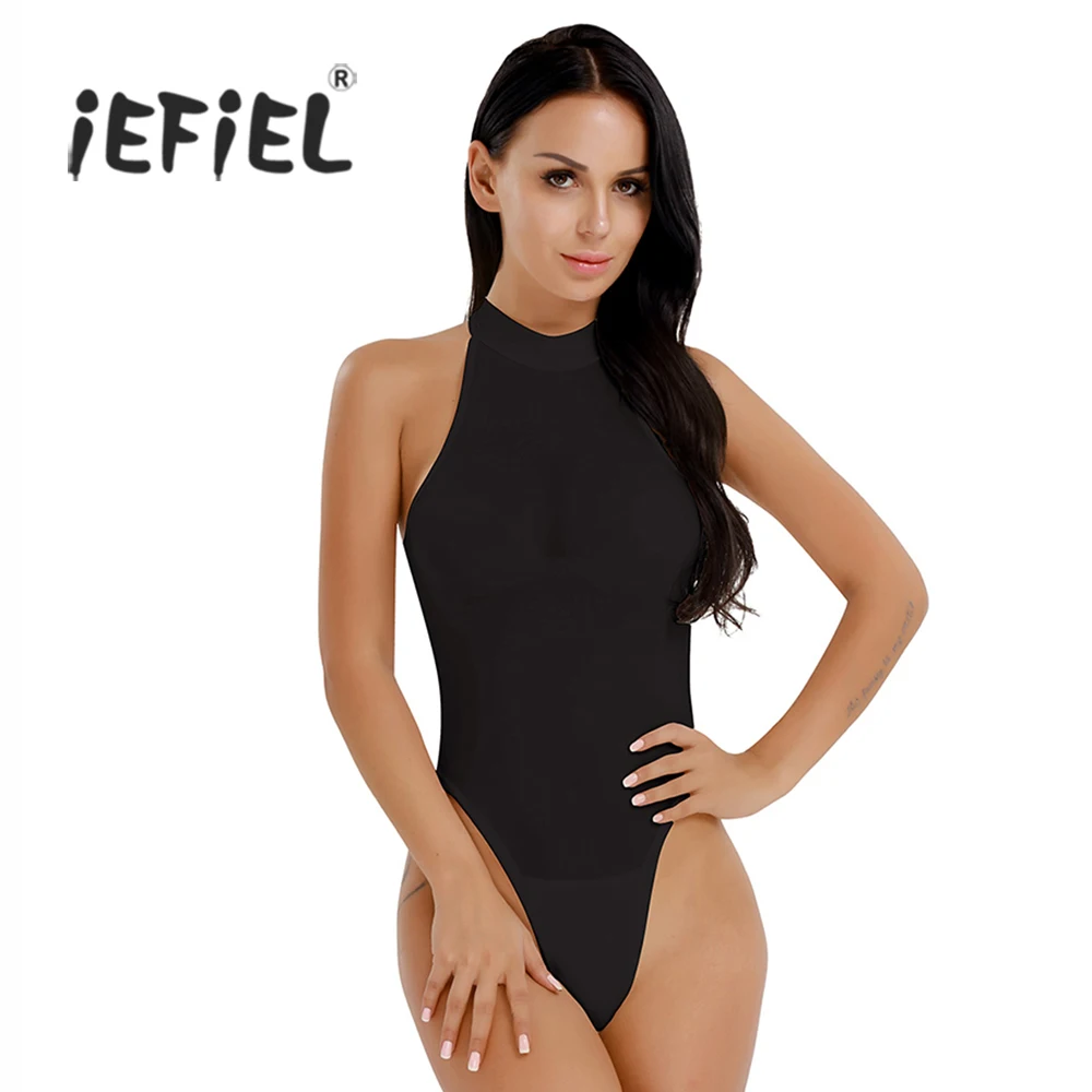 

iEFiEL Women Lingerie Bodystocking Sleeveless Mock Neck High Cut Crotchless Open Butt Thong Leotard Sexy Wetlook Body Suit